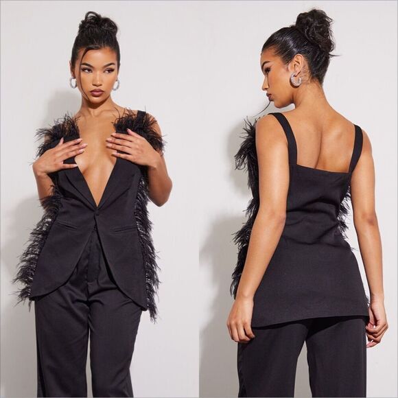 Pretty Little Thing Feather Trim Sleeveless Fitted Blazer Vest Size 4 NWT Black - Picture 1 of 7